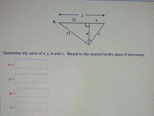 How do you solve this?

Geometric Mean Middle, Left, RightDetermine the value of x, y, w and z.. R