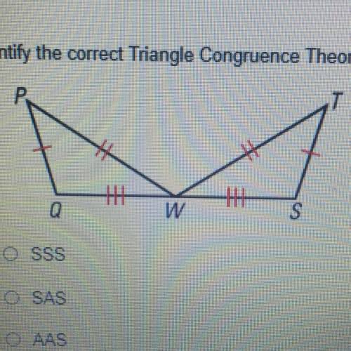 Identify the correct Triangle Congruence Theorem that describes the figure below.

A. SSS
B. SAS
C