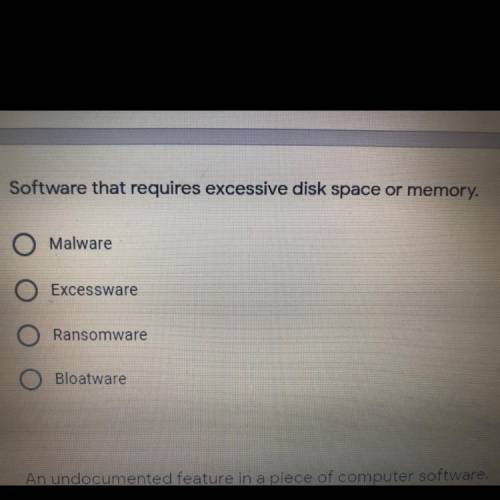 Software that requires excessive disk space or memory.

A. Malware
B. Excessware
C. Ransomware
D.