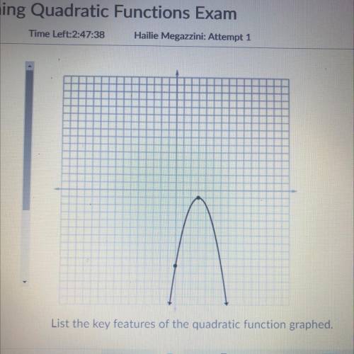 Líst the key features of the quadratic function graphed.

A) x-intercepts: (0,0), y-intercept: (0,