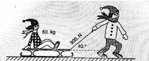 The diagram below shows a child pulling a 50.-kg friend on a sled at a constant speed on the level
