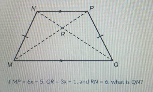 If MP= 6x-5, QR = 3x+1 ,and RN = 6, what is QN