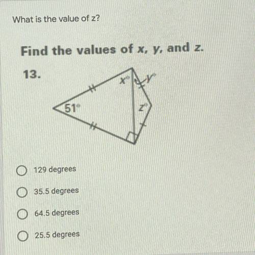 What is the value of z?
Find the values of x, y, and