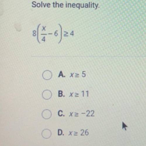 Solve the inequality 
8(x/4 - 6) >_ 4