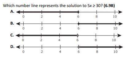 Which number line represents the solution to 5x ≥ 30?