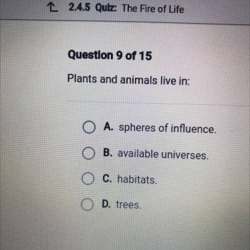 Plants and animals live in:

O A. spheres of influence.
O B. available universes.
O C. habitats.
D