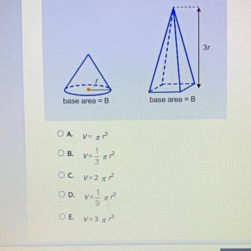 The helght of the pyramid in the diagram Is three times the radius of the cone. The base area of th