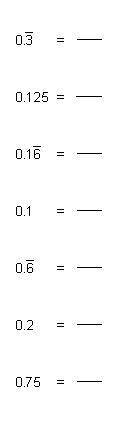 Write the fractional equivalent (in reduced form) to each number.
picture below