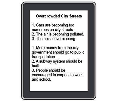A list titled overcrowded city streets. There are two numbered lists below. 1, Cars are becoming to
