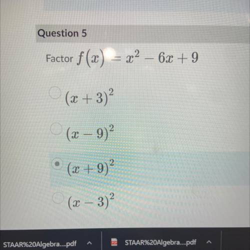 Factor f(x) = x2 – 6x + 9
(x+3)²
(x - 9)²
(x + 9)2
(x - 3)²