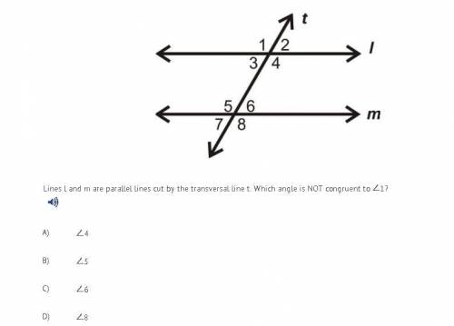 Lines l and m are parallel lines cut by the transversal line t. Which angle is congruent to ∠1?