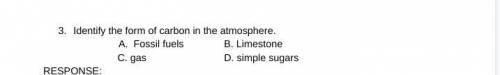 Identify the form of carbon in the atmosphere.

A)Fossil fuels B)Limestone .C)gas D) simple sugars