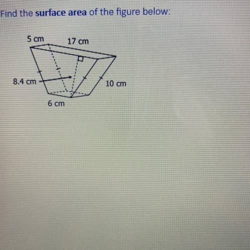 Find the surface area of the figure below:
5 cm
17 cm
8.4 cm
10 cm
6 cm