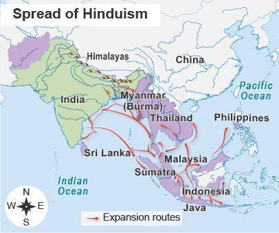Read the map.

A map titled Spread of Hinduism. A key shows Expansion routes with a red arrow. The