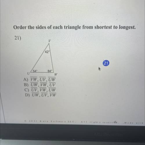 HELP WITH #21 PLEASE! ORDER THE SIDES OF EACH TRIANGLE FROM SHORTEST TO LONGEST