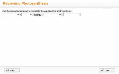 Use the drop-down menus to complete the equation for photosynthesis.

+ 
+ energy→ 
+