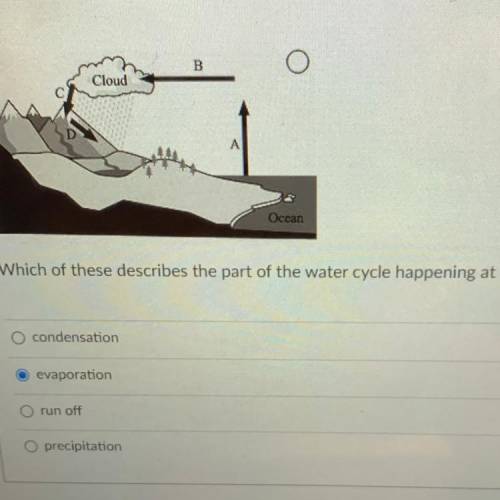 Which of these describes the part of the water cycle happening at D