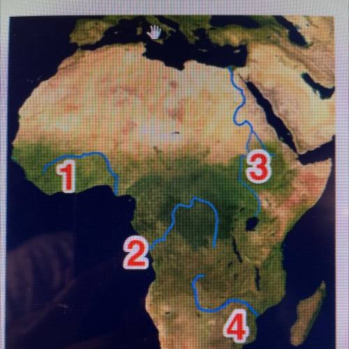 The Congo River is represented by the number 2 on this map. Using your knowledge of African geograp