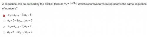 A sequence can be defined by the explicit formula . Which recursive formula represents the same seq