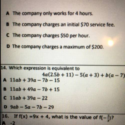 Which expression is equivalent to 4a(2.5b+11)-5(a+3)+b(a-7)