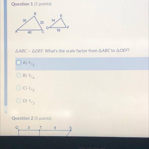 What's the scale factor from AABC to ADEF?
A) 4/3
B) 3/4
C) 2/5
D) 5/2