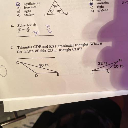 7. Triangles CDE and RST are similar triangles. What is

the length of side CD in triangle CDE?
R