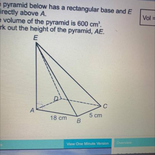 The pyramid below has a rectangular base and E is directly above A

The volume of of the pyramid i