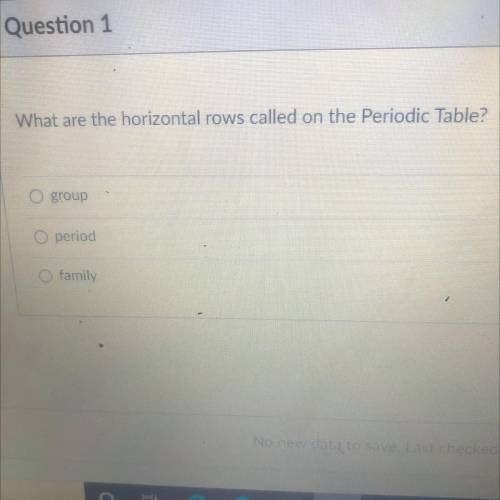 What are the horizontal rows called on the Periodic Table?
O group
period
family