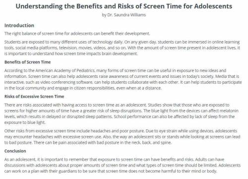 Review the texts “Understanding the Benefits and Risks of Screen Time for Adolescents” and “Screen