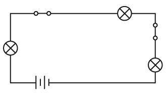What does the diagram show?

- one battery, two light bulbs, and three resistors
- one battery, tw