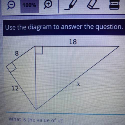 Use the diagram to answer the question.

18
8
12
What is the value of x?
O A. 2729
OB. 3761
OC 2V1