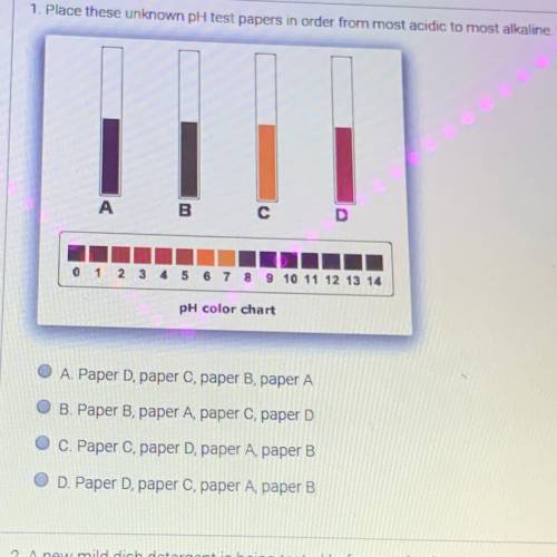 1. Place these unknown pH test papers in order from most acidic to most alkaline.

А в
C D
0 1 2 3