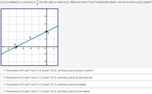Line g is dilated by a scale factor of one half from the origin to create line g'. Where are points