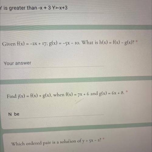 Given f(x) = -2x + 17; g(x) = -5x - 10. What is h(x) = f(x) – g(x)? *

(if you would like to answe