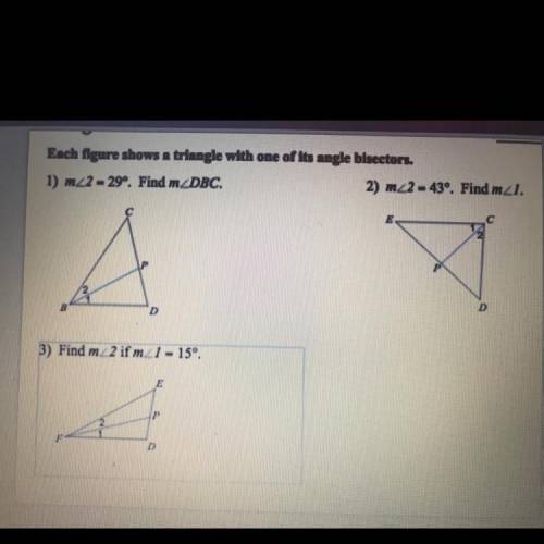 Each figure shows a triangle with one of its angle bisectors. Solve all 3 pls