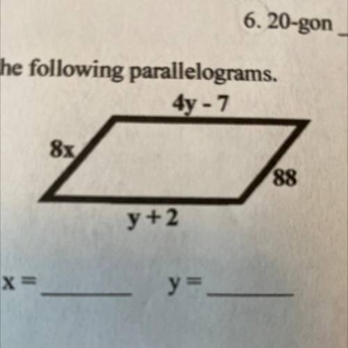 Find the values of X and Y using the PARALLELOGRAM.