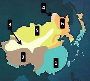 Identify the climate regions labeled on the map above in numerical order.
