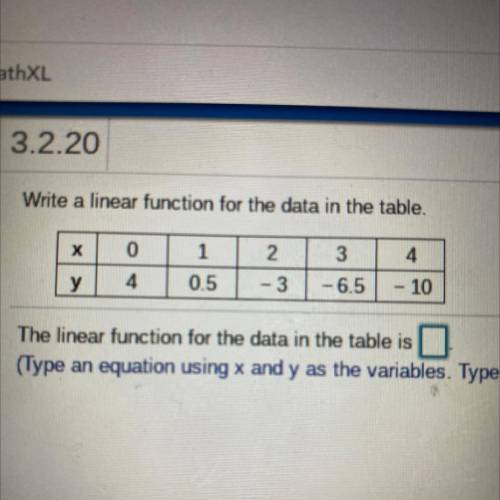 Write a linear function for the data in the table.

X
0
3
1
0.5
2
- 3
4
- 10
у
4
-6.5