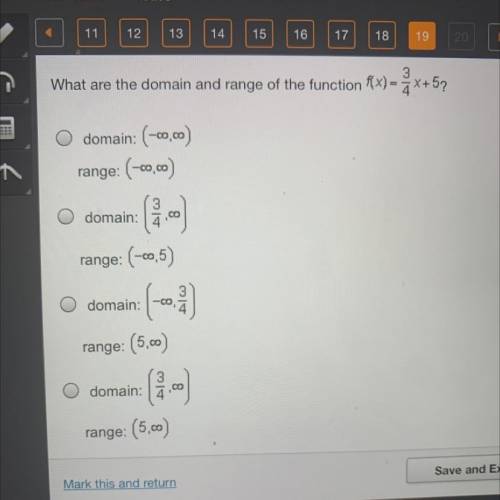 What are the domain and range of the function f(x) = 3/4x+5?