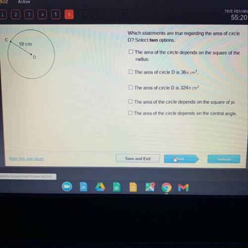 Which statements are true regarding the area of circle

D? Select two options.
18 cm
The area of t