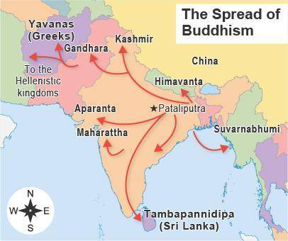 The map shows the spread of Buddhism during the Mauryan Empire.

Based on the map, which statement