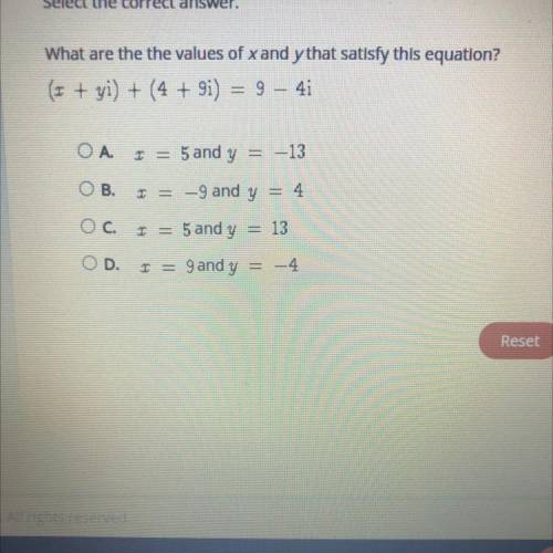 Select the correct answer.

What are the the values of x and y that satisfy this equation?
(x + yi