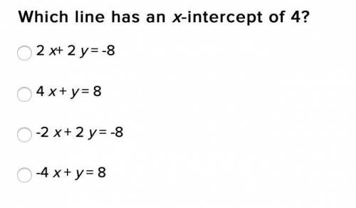 PLEASE HELP ME!!! 
Which line has an x-intercept of 4?