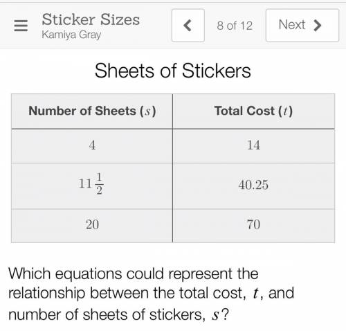 Which equations could represent the relationship between the total cost, t, and number of sheets of