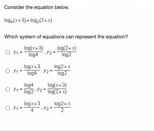 Consider the equation below. log Subscript 4 Baseline (x + 3) = log Subscript 2 Baseline (2 + x) Wh