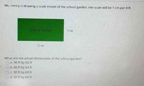 Ms. Henry is drawing a scale model of the school garden. Her scale will be 1 cm per 8 ft. School Ga