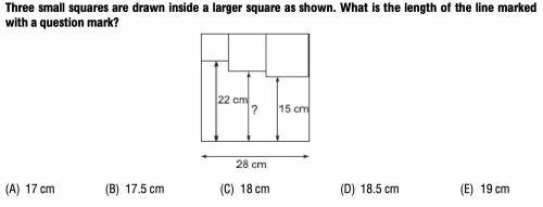 Three small squares are drawn inside a larger square as shown. What is the length of the line marke