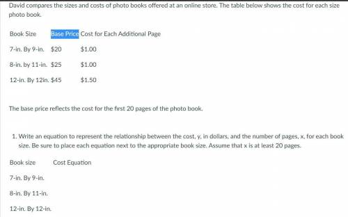 David compares the sizes and costs of photo books offered at an online store. The table below shows