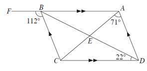 The diagram shows a parallelogram ABCD where AB is produced to F. The diagonals BD and AC intersect