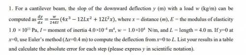 1. For a cantilever beam, the slop of the downward deflection y (m) with a load w (kg/m) can be com